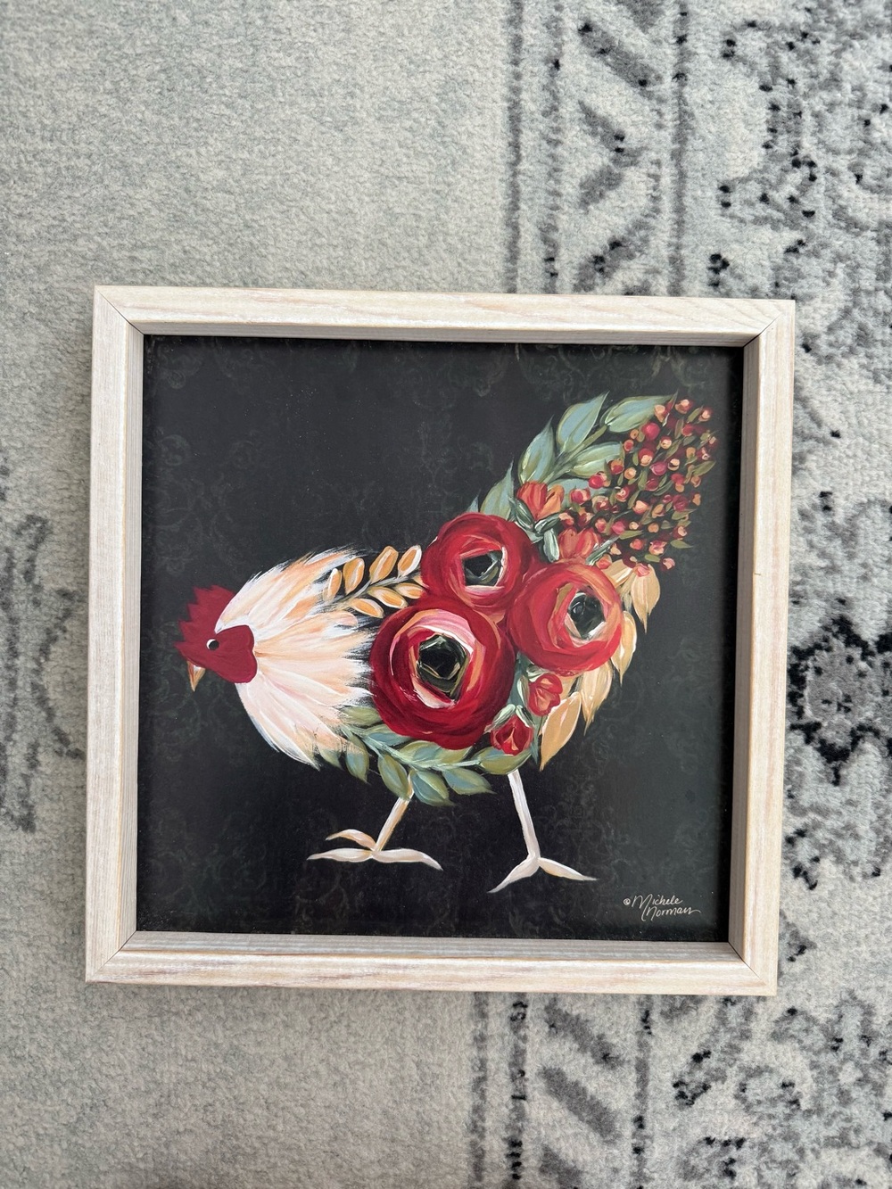 Michele Norman Floral Chicken Framed Wall Art – Farmhouse Cottage Decor 13x13